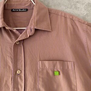Acne Studios Stripe Shirt Face Patch XL Oversized Cotton Short Sleeve Pink Mauve